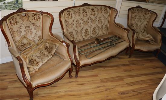 A French style sofa and two chairs, W.140cm